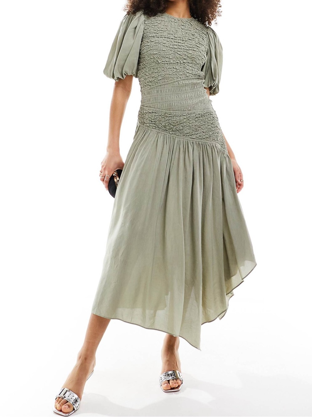 & Other Stories Smocked Linen Blend Asymmetric Hem Midi Dress Ruched Bodice 10